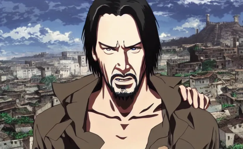 Prompt: a still of Keanu Reeves as a giant Titan in an old village in Attack on Titan, anime style,