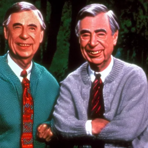 Image similar to Mr. Rogers hanging out with Jason Voorhees from the movie Friday the 13th