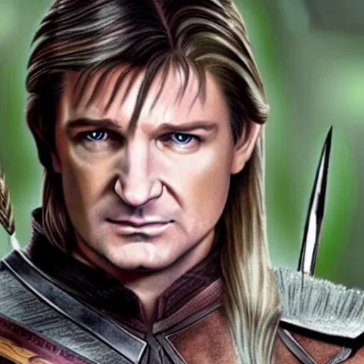 Prompt: Nathan Fillion as legolas on fire, hyper realistic