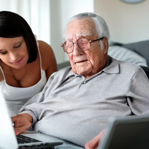 Image similar to casket with elderly man who is browsing internet on laptop from a casket