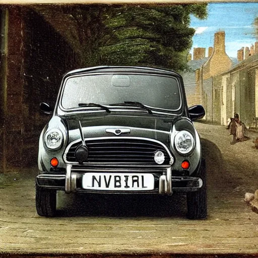 Prompt: a Victorian street in 1840, Mini Cooper S, by Caravaggio