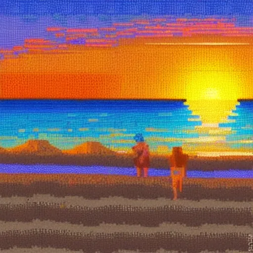 Image similar to Beach, sunset, pixelart, art of Lauretta Jones