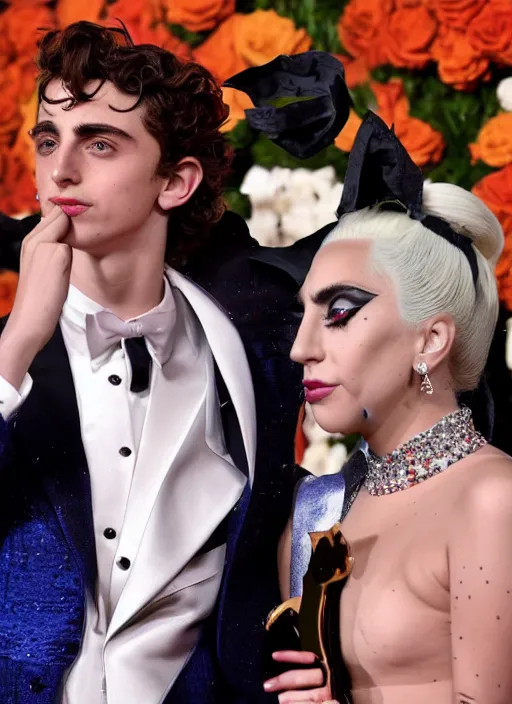 Image similar to timothee chalamet and lady gaga, canon, highly realistic. lady gaga, high resolution. highly detailed 8 k. 4 k.