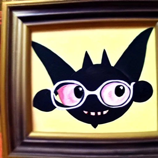 Prompt: oil painting of a simple cartoon bat wearing glasses, cute and friendly, adorable