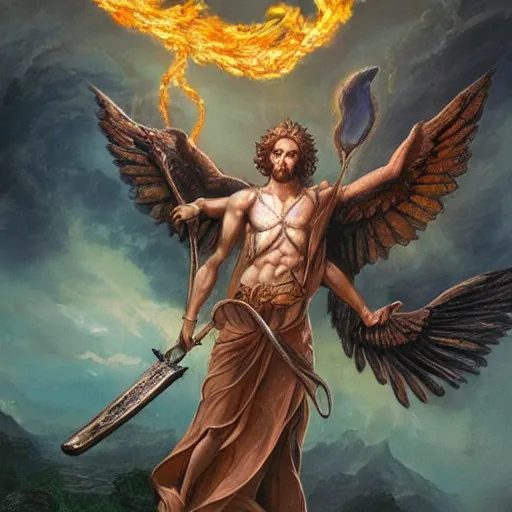 Prompt: an awe inspiring photo of a biblically accurate seraphim, holding a giant, rotatingz flaming sword, guarding the entrance to garden of eden.