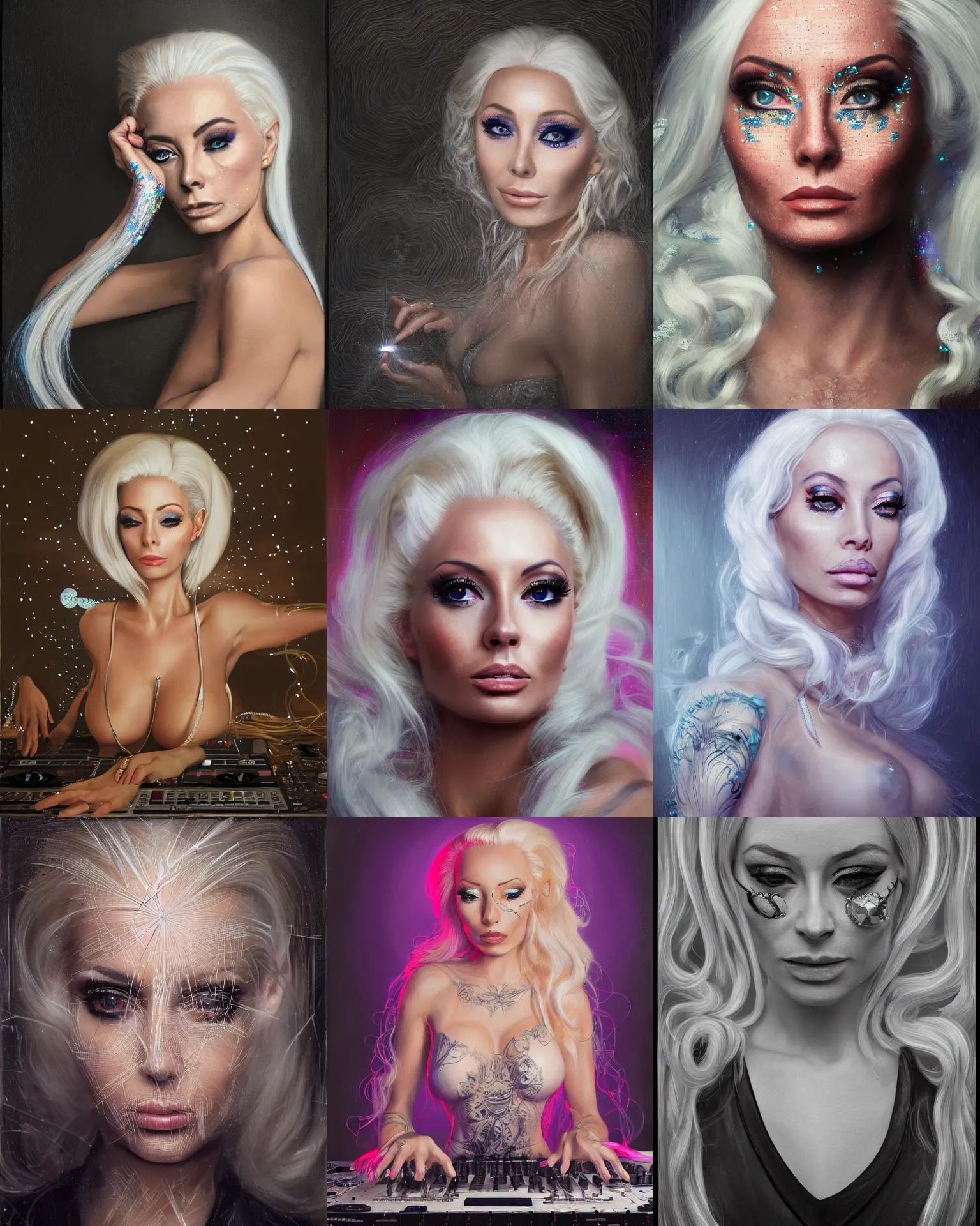 Prompt: cinematic portrait of a isabelledeltore as a dj with laser hair, intricate, elegant, by alyssa monks, highly detailed, fine details, masterpiece, trending on artstation