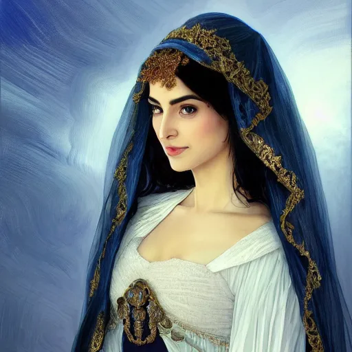 Image similar to Ameera al-Taweel, bright blue eyes, wavy black hair, white veil, highly detailed, digital painting, artstation, concept art, smooth, sharp focus, illustration, ArtStation, art by artgerm and greg rutkowski and alphonse mucha and J. C. Leyendecker and Edmund Blair Leighton and Katsuhiro Otomo and Geof Darrow and Phil hale and Ashley wood and Ilya repin and Charlie Bowater