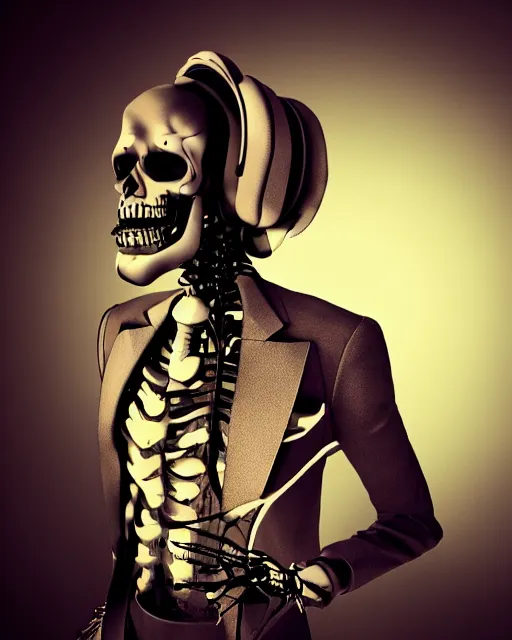 Image similar to dramatic cyberpunk portrait of a skeleton in a suit, color glow, atmospheric haze, intense shading, single light source
