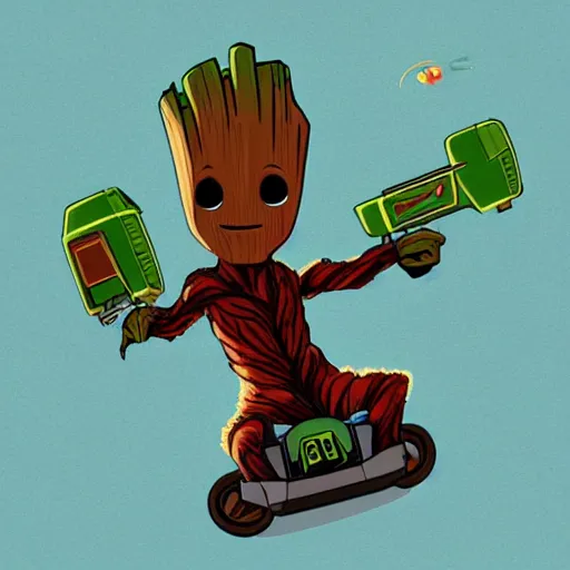 Image similar to baby groot riding a roller coaster