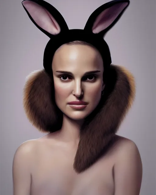 Image similar to Natalie Portman, wearing rabbit ears headband, very detailed portrait, ultrarealistic, dramatic lighting, electrical details, high details, 4k, 8k, best, accurate, trending on artstation, fur, artstation, photorealism, ultrarealistic, digital painting, style of Dali, Caravaggio, Boris Vallejo