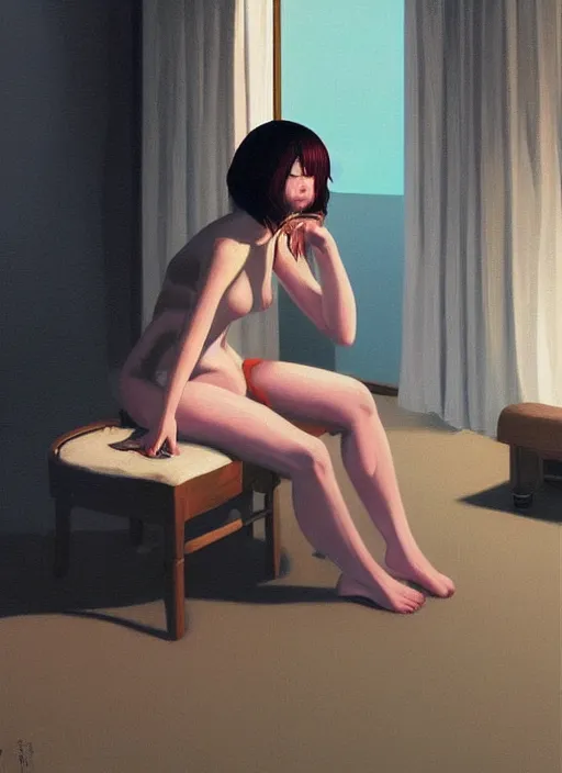 Prompt: a beautiful muse captivatingly dreaming and brushing her hair in front of a mirror made of dread, nightmare dream from the Ring, in style of Ilya Kuvshinov and Edward Hopper, highly detailed