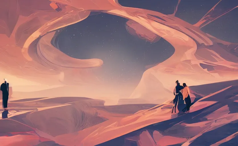 Image similar to it feels like something to be anything. Couple in a beautiful landscape. Rough strokes. Futuristic. Interesting colour scheme. Detailed. Beautiful digital art by artist Lurid. (2022)