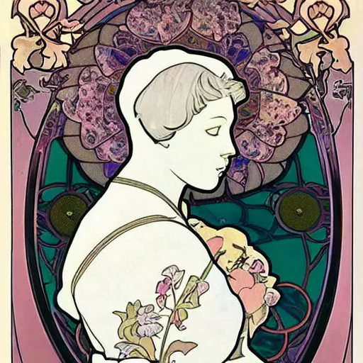 Prompt: bust of white short haired cat, surrounded by flowers, Alphonse mucha, art nouveau, poster art, beautiful art nouveau advertisement