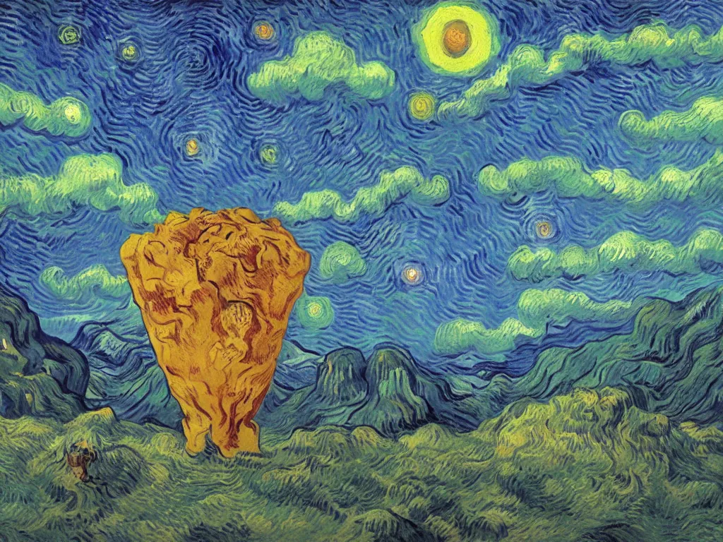 Image similar to study of the psychedelics dream bot mothership over the sublime sacred rock. painting by vincent van gogh, bosch, wayne barlowe, agnes pelton, rene magritte