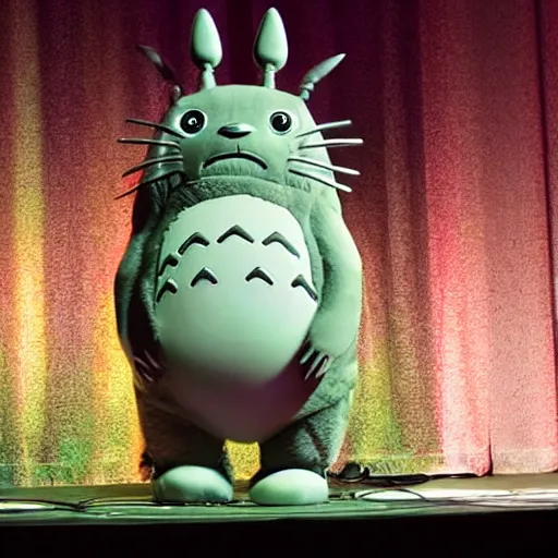 Prompt: totoro animatronic on a stage with spotlights