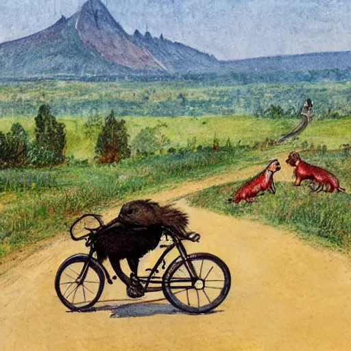 Prompt: A wombat riding a bicycle on a dirt path with german mountains as a background, In The Style of Carl Larsson