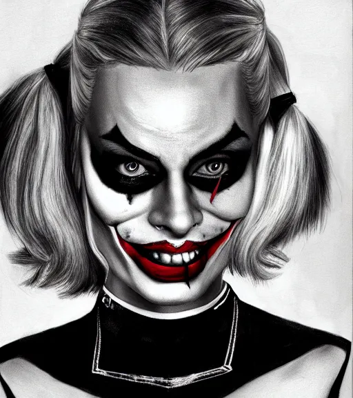 Image similar to a realism drawing of margot robbie as harley quinn with joker makeup, in the style of den yakovlev, realistic face, black and white, realism, hyper realistic, highly detailed