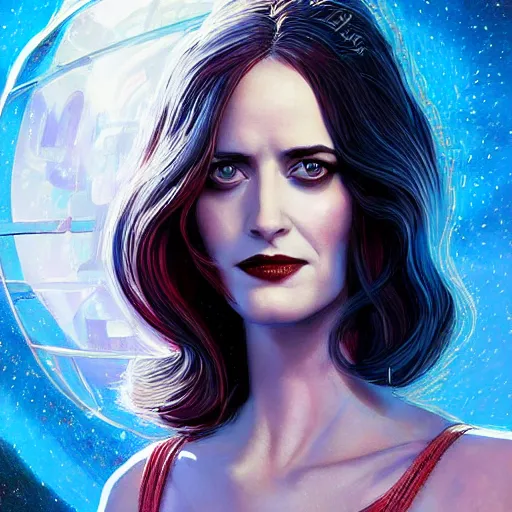 Image similar to Eva Green as a stunning , beautiful retro SCI-FI space heroine 1985 , movie poster, intricate, elegant, highly detailed, centered, digital painting, trending on artstation, concept art, smooth, sharp focus, illustration, art by raphael lacoste ,eddie mendoza ,alex ross, WLOP