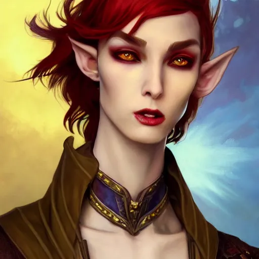Prompt: dnd character portrait of a beautiful and androgynous half - elf with messy short red hair and catlike features and caramel skin tone and yellow eyes with slit pupils, glowing, golden hour, wearing a colorful men's suit, realistic painting by ross tran and gerald brom and alphonse mucha, trending on artstation