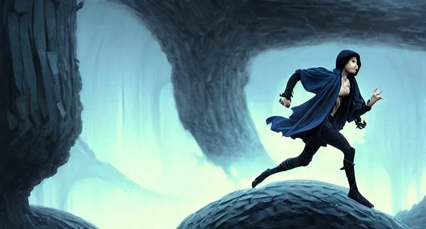 Image similar to tiny male mage running away from a giant skull, black hair wearing hooded gothic blue robe, bone mountain, movie action still frame, ultra wide horizon, intricate, elegant, highly detailed, hyperrealism, digital painting, concept art, smooth, sharp, focus, illustration, art by artgerm, greg rutkowski, ilya kuvshinov, alphonse mucha