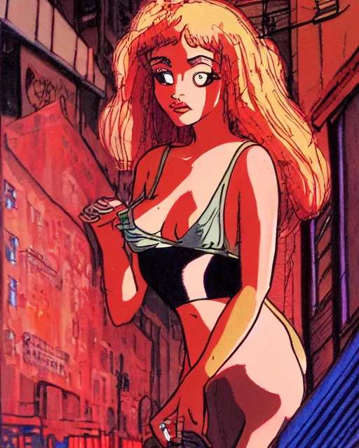 Image similar to portrait of an attractive young female protagonist, center focus, in city street, detailed artwork by ralph bakshi