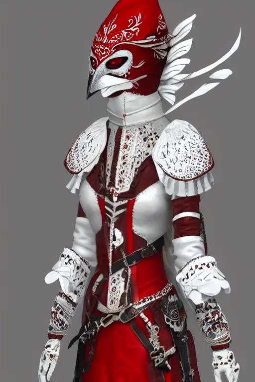 Image similar to female adventurer in tight full - body white embroidered leather armor of vyshyvanka design with red accents and a red porcelain crow mask, trending in artstation, ukrainian, establishing shot