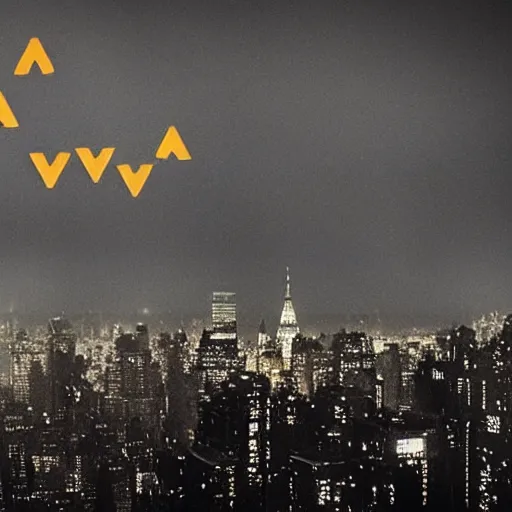 Image similar to The bitcoin signal shines into the clouds over new york city on a dark, foggy night, photo realistic