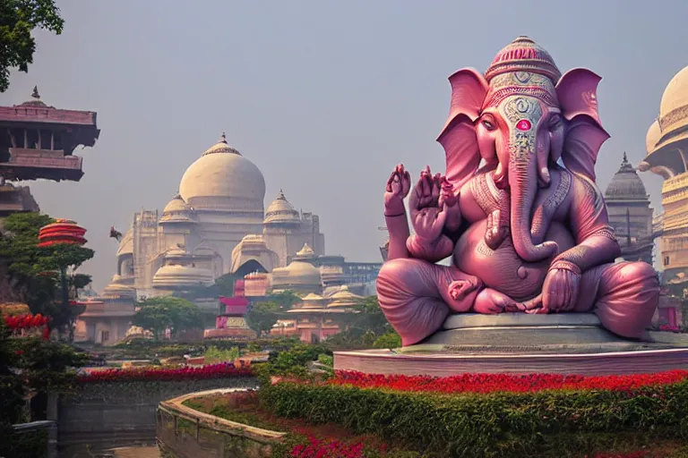 Image similar to beautiful futuristic new delhi, sharp sci - fi ganesha!! building, kalighat flowers, highly detailed cinematic, stephen shore & john j. park, soft morning light, wide shot, ground angle, uhd 8 k, shallow depth of field