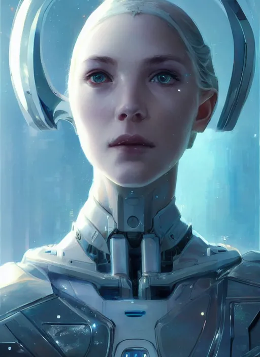 Image similar to close up pale woman in sci - fi bionic armor, looking at the camera very intensely, stoic, sparkling eyes, extremely beautiful and aesthetic and attractive detailed face and body, intricate, chiaroscuro, model pose, fantasy illustrations, light novel cover art, by makoto shinkai and jeremy lipking and ferdinand knab