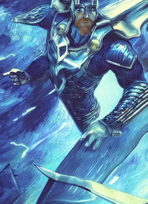 Prompt: 3d render of close-up of Thor conjuring a violent royal blue thunder, a floating iridescent blade sword of chaos from God of War in the center, intricate, wearing a luxurious futuristic airforce suit, elegant, digital painting, concept art, smooth, sharp focus, illustration, by Vincent van Gogh