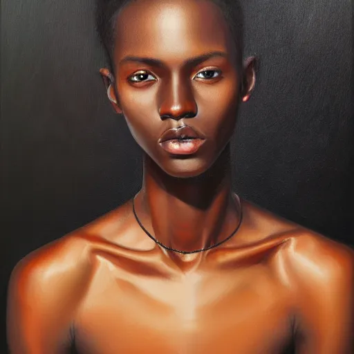 Image similar to A portrait of a skinny stylish and attractive non-binary person, dark black skin tone, oil painting, majestic, detailed, high resolution