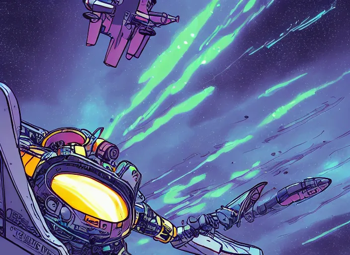 Image similar to futuristic fusion mech rocket flying in space by laurie greasley, spiraling celestial gases tiny glowing neon bioluminescent specks turbulent clouds sky, artstaion