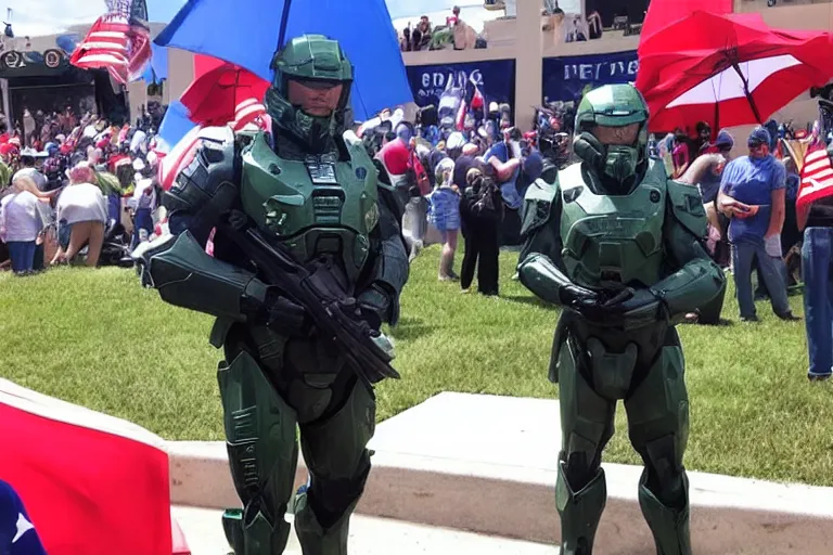 Image similar to master chief at a maga rally