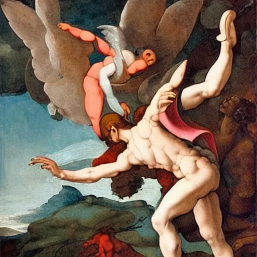 Image similar to a stunning oil painting of a ballerina angel spearing a ballerina demon in an epic battle by michelangelo