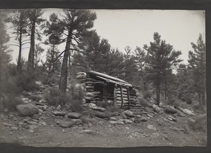 Prompt: Photograph of a miner's wooden shack among dry bushes and boulders in a pine forest, albumen silver print, Smithsonian American Art Museum