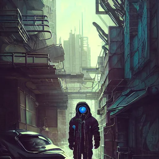 Image similar to A portrait of a cyberpunk thug on the street of a Soviet city on the moon, Norilsk, sci-fi, fantasy, intricate, very very beautiful, elegant, highly detailed, digital painting, artstation, concept art, smooth, sharp focus, illustration, art by artgerm and greg rutkowski and alphonse mucha