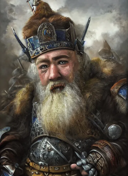 Image similar to A hyperrealistic fantasy portrait painting of a male dwarf on the battlefield