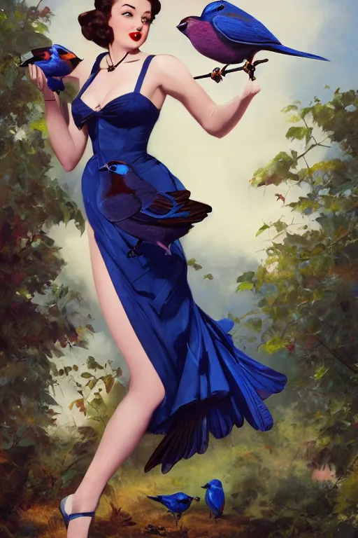 Image similar to pinup girl holding an indigo bunting, bird, the bird is wearing a bowtie, by greg rutkowski, rossdraws, gil elvgren, enoch bolles, anime, porcelain skin, very coherent