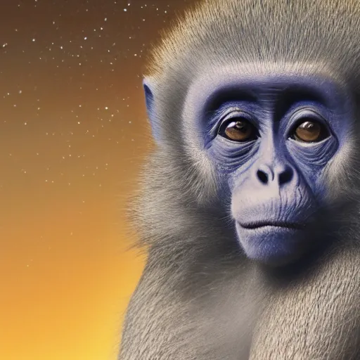 Prompt: wise blue monkey looking out over the universe, melancholy, oil on canvas, intricate, 8 k highly professionally detailed, hdr, cgsociety