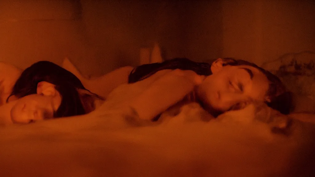 Image similar to movie still of girl having sleep paralysis, cinematic composition, cinematic light, criterion collection, mist atmosphere, by wes craven and gaspar noe