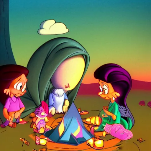 Image similar to full body portrait of Esmerelda (Tiny Toons (1990)) sitting around a campfire telling stories with her friends, in style Goro Fujita, 3D, UE5, ultra high textures, dark vignette, burning embers, nostalgic, muted colors, desaturated, volumetric, slightly drunk, candy rush, autochrome, tranquil, starry night, marshmallows, s'mores, highly detailed, busy, 4K, 8K, HQ