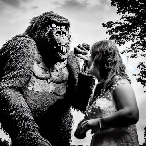 Image similar to king kong and godzilla get married, high resolution, great detail, wedding photography,