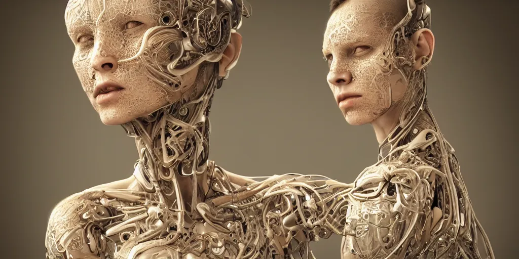 Prompt: realistic photography of a beautiful cyborg androgynous humanoid, shoulder, holding close, in liquid, intricate filigree, in the style of beth cavener, jin kagetsu, wlop, highly detailed, symmetry, masterpiece, concept art, ringflash, highkey lighting, ambient lighting, octane render, 8 k, artstation