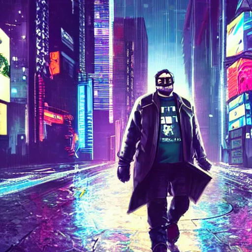 Prompt: Cyberpunk Gabe Newell standing in the street of a cyberpunk city at night in the rain, detailed