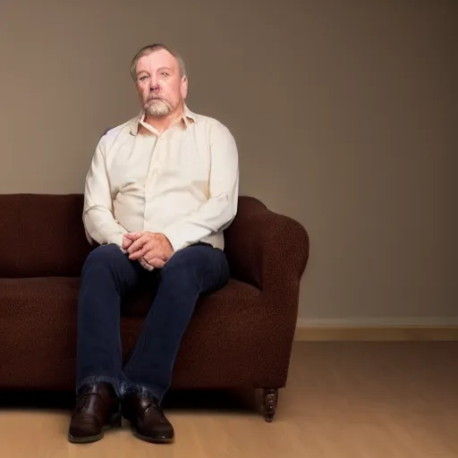 Prompt: full body photo of steve, mature male, mysterious face. he is sitting gracefully on a sofa, elegant slim beige shirt, tight shirt, big chubby belly