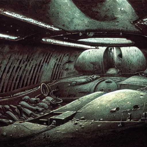 Prompt: shipwrecked soviet submarine interior, movie still, cinematic Eastman 5384 film, dark fantasy, intricate, smooth, artstation, Wayne Barlowe, zdislav beksinski