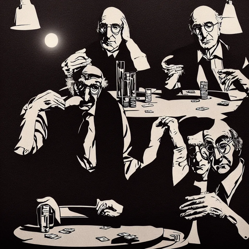 Image similar to larry david playing poker, Mads Berg, Karolis Strautniekas, James Yang, Brutalism, Constructivist, film noir, stippled light, dramatic lighting,editorial illustration, detailed, matte print, dark orange black white red, a lone man