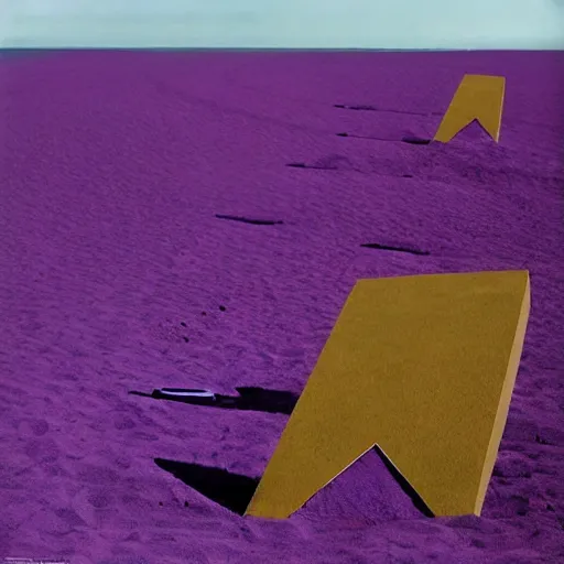 Prompt: a thousand beds on the beach by Storm Thorgerson, purple color scheme