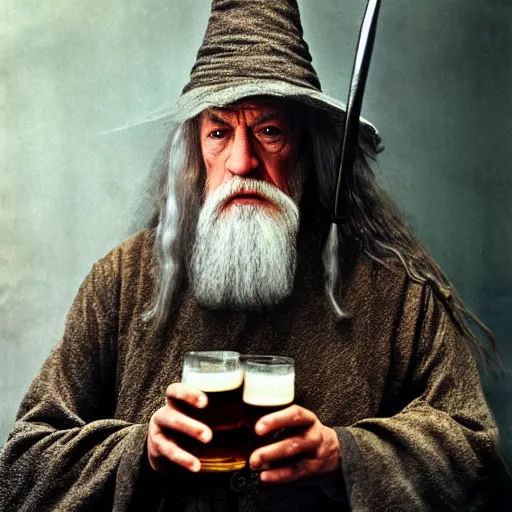 Image similar to photo portrait of gandalf drinking a beer, by annie leibovitz, sharp focus