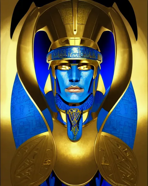 Image similar to a pharaoh made of blue crystal with a golden mask and helmet hovers ominously in the air inside a high - tech tomb, comic cover painting, masterpiece artstation. 8 k, sharp high quality artwork in style of wayne reynolds, alphonse mucha, arthur adams, greg rutkowski, and don bluth, concept art by jack kirby